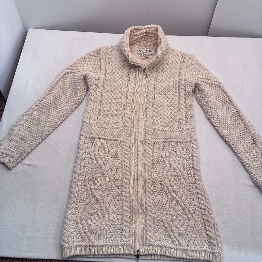 Aran Mor Ireland 100% Merino Wool Full Zip Cable Knit Cardigan Sweater Cream S